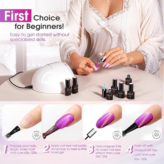 ROSALIND Gold Glitter Cat Eye Gel Polish - 12 Colors Magnetic Cateye Gel Nail Polish Set with Magnet Stick Golden Silk-like Effect Soak Off UV Set Sparkling Glitter Nail Art Collection