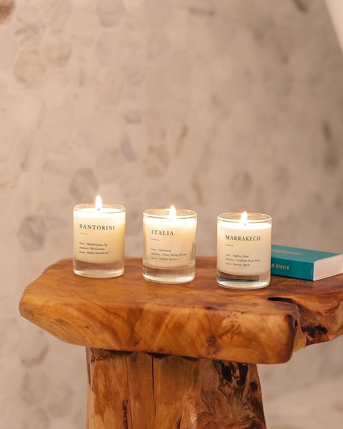 Brooklyn Candle Studio Mini Candle Gift Set – Set of 3 Hand-Poured 3 oz Soy Votive Candles (Earthy + Warm Santorini/Italia/Marrakech) –Clean 20 Hr Each, Lead-Free Wicks, Luxury Textured Gift Box
