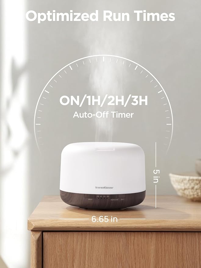 InnoGear Aromatherapy Diffuser & 10 Essential Oils Set, 500ml Essential Oil Diffuser with Remote Control Ultrasonic Cool Mist Scent Humidifier Vaporizer Auto-Off Timer for Room Office Home, Brown