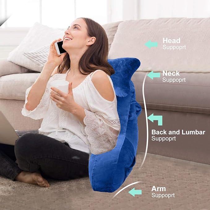 SLIGUY Reading Pillow for Sitting in Bed Couch Adult, Back Pillow with arm Support and Pockets, Adult Back Pillow Bed Chair for Bed Rest, Reading, Watching TV, Gaming for Boys and Girls Blue