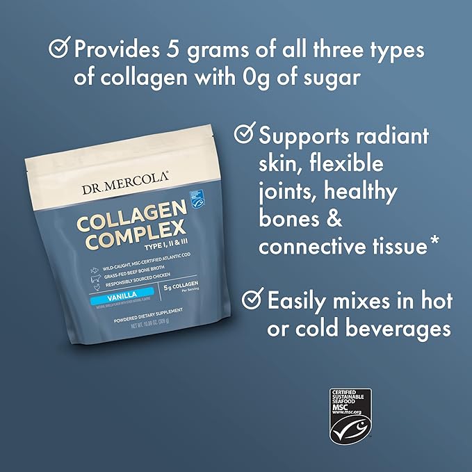 Dr. Mercola Collagen Complex Powder - Supports Skin Elasticity & Tissue Health - Multi-Source Collagen Types I, II & III - Non-GMO, Gluten-Free & Soy-Free - 10.89 oz (30 Servings) - Vanilla