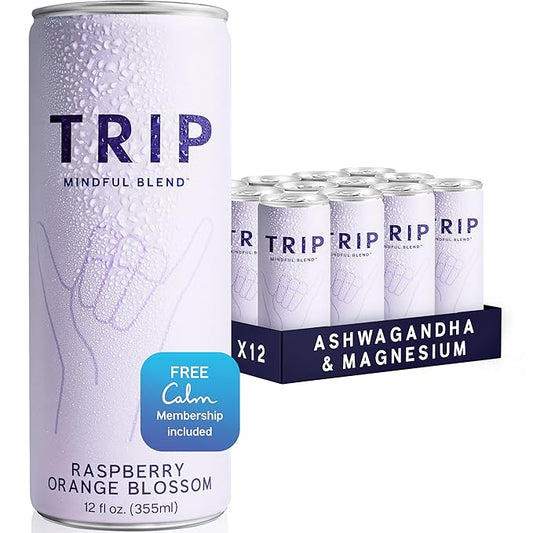 Trip Mindful Blend, Lightly Sparkling Adaptogen Seltzer w/ 120mg Magnesium Citrate with Ashwagandha, Lions Mane & L Theanine, No Added Sugar, Vegan, Raspberry Orange Blossom, 12 Oz, 12Pk