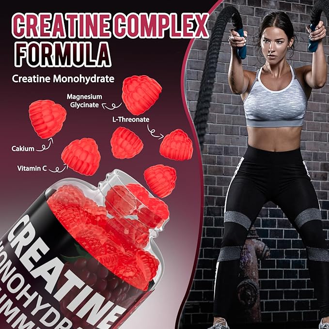 Creatine Monohydrate Gummies, Sugar Free & Gelatin Free, Raspberry Flavor, 60 Count Creatine Monohydrate Gummies for Men & Women, Muscle Growth, Strength & Energy Support