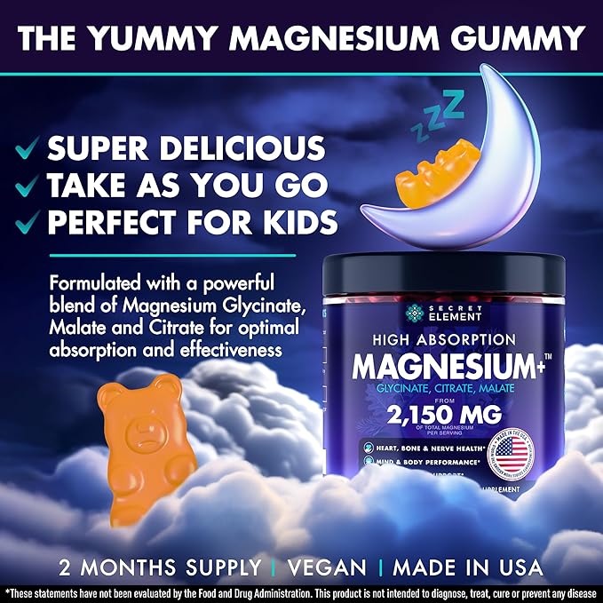 Magnesium Glycinate 2150MG Gummies for Women and Men, High Absorption Magnesium Glycinate, Citrate, Malate Gummies for Adults & Kids, Sleep Support, Sugar Free, Vegan, 60 Chews, Orange