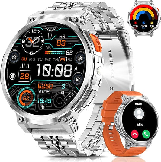 1.85" Big Screen Military Smart Watch for Men with Flashlight, 730mAh Large Battery, IP68 Waterproof, Bluetooth Calling, 114 Sports Modes, Heart Rate/Sleep Monitor for iOS Android