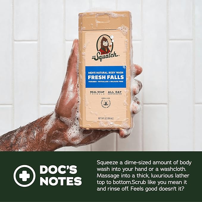 Dr. Squatch NEW Body Wash for Men with Nourishing, Natural Ingredients | No Paraben, Phthalate, Sulfate | All Day Moisture | Long Lasting Scent | Wood Barrel Bourbon & Fresh Falls (14 oz, 2-Pack)
