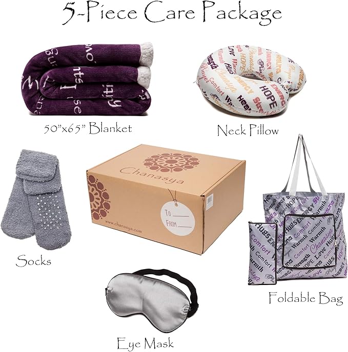 Chanasya 5-Piece Warm Hugs Positive Energy Healing Thoughts Comfort Caring Message Print Combo Gift Pack Throw Blanket, Neck Pillow, Eye Mask, Tote Bag, Socks - for Women Men Cancer Hospital Aubergine