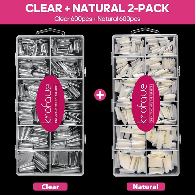 krofaue 1200PCS Coffin Nail Tips - Half Cover Nail Tips 12 Size False Nail Tips for Acrylic Nails Professional Manicure with Box for Artificial Fake Nail Tip Art Salon Home (Clear & Natural)