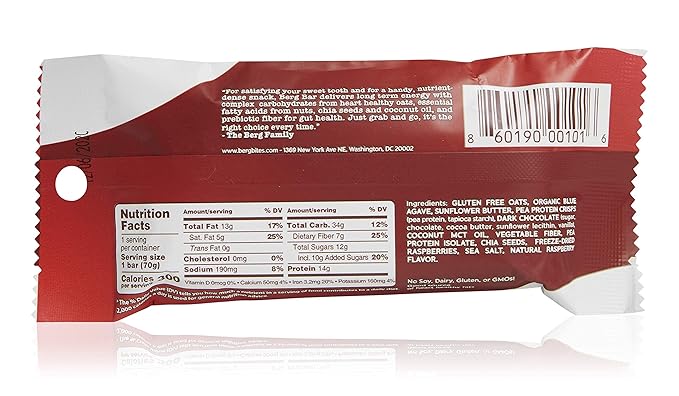 Berg Oat N' Energy Bar | Raspberry Dark Chocolate | Plant Based Protein Bar | Non-GMO, Gluten Free, Nut Free and Vegan | Low Sugar, Healthy Snack Bar | High Fiber | On The Go | 2.5oz (8 Packs)