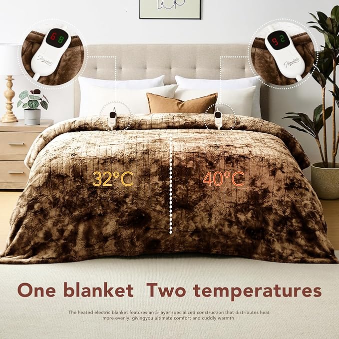 Homemate Electric Heated Blanket Queen Size - 84"x90" Heating Blanket Queen Size Dual Control 1/2/4/6/8 Hours Auto-Off 10 Heat Level Over-Heat Protection Luxury Faux Fur Sherpa ETL Certification