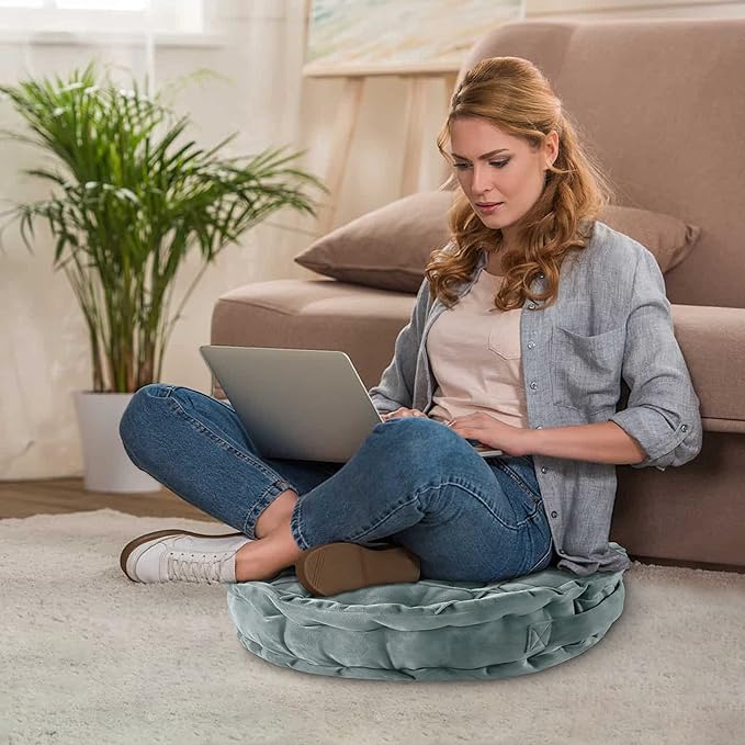 Round Velvet Meditation Cushion Pouf, Soft Tufted Floor Pillow for Living Room and Bedroom, 17.8 inch, Gray