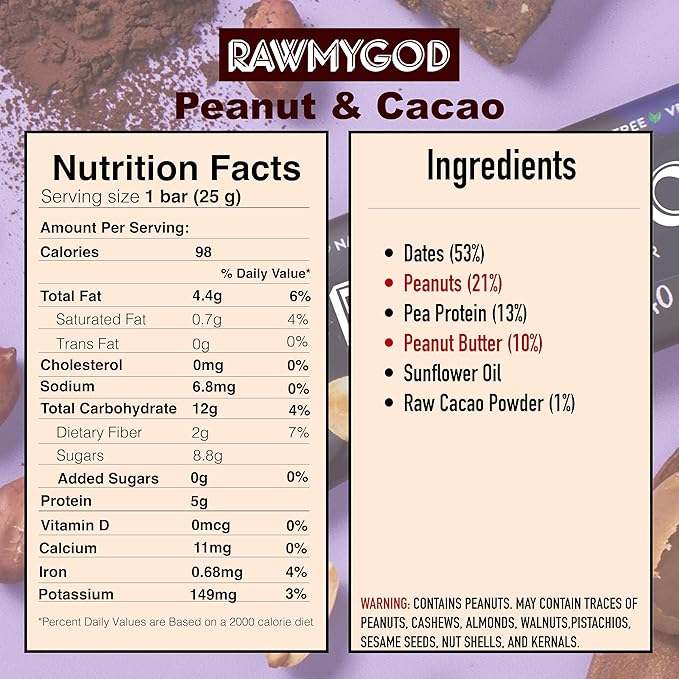 RAWMYGOD Fruit and Nut Bars, Good Source of Protein (5g, 20% protein content), Gluten Free, Vegan, No Added Sugar (20 bars, Peanut & Cacao)