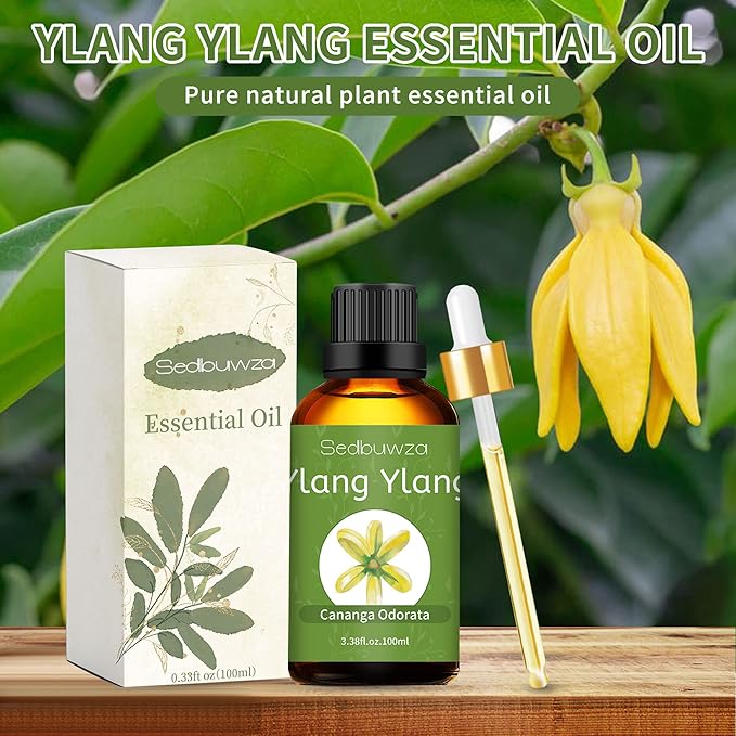 Sedbuwza Ylang Ylang Essential Oil, Ylang Ylang Oil 100% Pure Natural Ylang Ylang Fragrance Oil for Massage Diffuser Humidifier Candle Soap Aromatherapy Making - 3.38 OZ