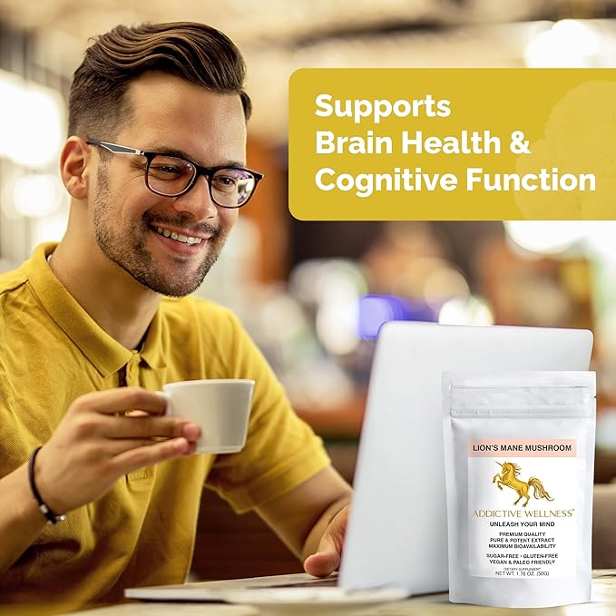 Addictive Wellness Lions Mane Supplement Powder, Premium Quality Lions Mane Mushroom Powder Dual-Extract Nootropic, Sugar Free, Vegan & Paleo Friendly Lion's Mane Mushroom Supplement - 1500 mg