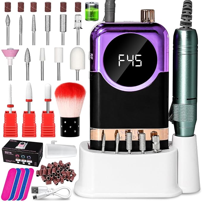 LIMEGIRL Professional Electric Nail Drill Kit 45000RPM Portable Cordless Toenail Cordless Toenail Machine with 14 Drill Bits and Base for Women (Purple)