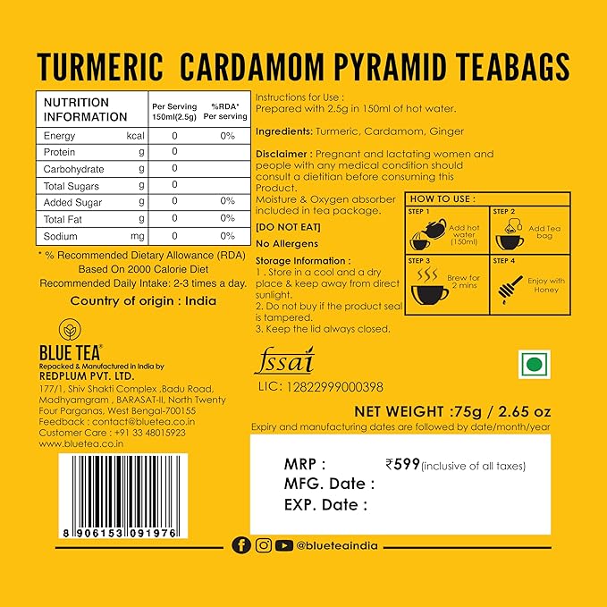 BLUE TEA - Turmeric Tea - Cardamom - 30 Count - Praymid Plant Based Tea Bag | CURCUMIN RICH - HERBAL BLEND | Herbal Tea - Caffeine Free - Gluten Free - Earthy Flavor | Reusable Tin Pack