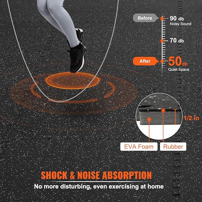 VEVOR 0.56 Inch Thick Gym Floor Mats, Rubber Top with EVA Foam, 25" x 25" Gym Flooring Workout Mats, Interlocking Puzzle Gym Mats for Gym, Home, Garage