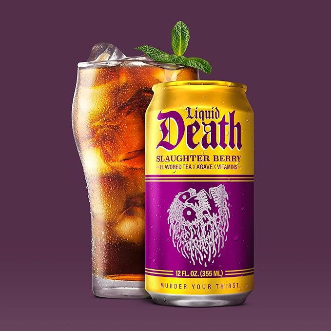 Liquid Death, Slaughter Berry Iced Tea, 12-Pack (12 oz Cans), Raspberry Flavored Black Tea, Low Calorie, No Artificial Sweeteners, B12 & B6 Vitamins