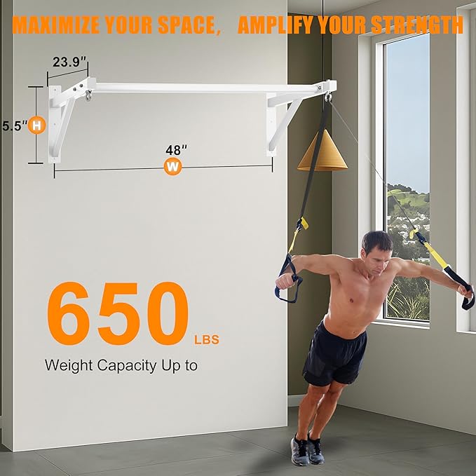 Pull Up Bar Wall Mounted, Heavy Duty 650 lbs Capacity Chin Up Bar, 48" Multi-Grip Strength Training Pull-up Bars, for Home Gym Garage/Backyard Total Body Workout, Ease Of Use Mounting (White)