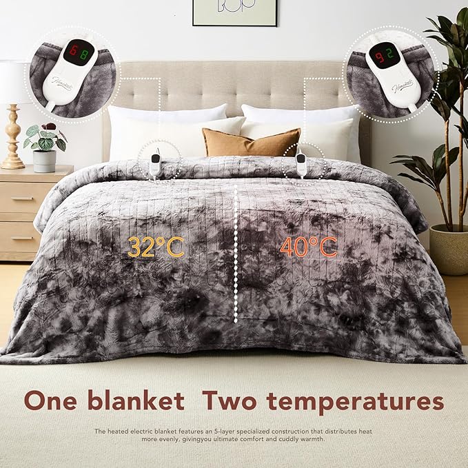Homemate Electric Heated Blanket Queen Size - 84"x90" Heating Blanket Queen Size Dual Control 1/2/4/6/8 Hours Auto-Off 10 Heat Level Over-Heat Protection Luxury Faux Fur Sherpa ETL Certification