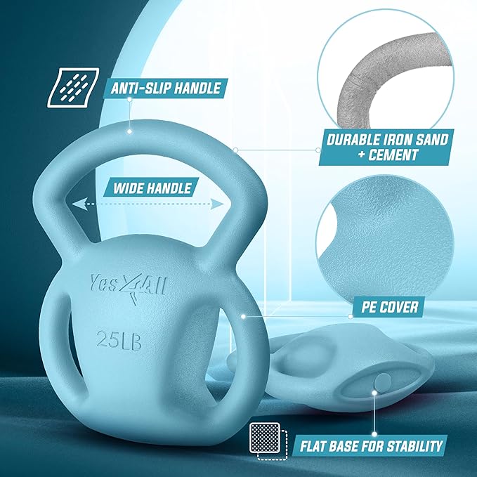 Yes4All Kettlebell, Strength Training Kettlebells for Women, Wide Multi-grip Textured Handle for Home Gym Exercises & Full Body Workout, Single 5–25 lb & Set of 10-15 lb