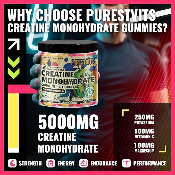 Creatine Monohydrate Gummies (5g) – Pre-Workout Energy & Muscle Growth Support for Men & Women | Pineapple Watermelon Electrolyte Gummies (135 Count)