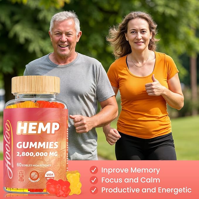 HOOLOO Hemp Gummies for Happier Bedtimes & Focus, Extra Strength 2,800,000mg Hemp Oil Infused, Gummy Bears Fruity, Sugar Free, Made in USA