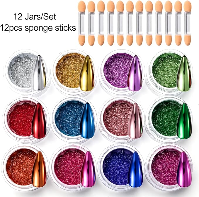 Chrome Nail Powder Kit 12 Colors Holographic Metallic Mirror Effect Chrome Pigment Glitter Dust for Nail Art Gel Polish Decoration Resin Craft Manicure Home DIY Salon Use