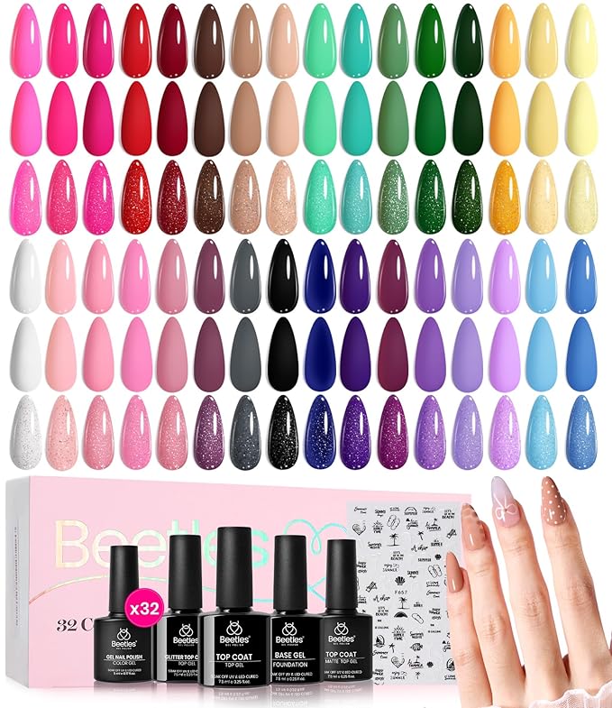beetles Gel Polish Winter Gel Nail Polish Set Purple Orange Red Brown Black White Blue Nude Green 32 Colors All Seasons Kit with Base Top Coat UV LED Needed Gifts for Women Fingertips Canvas