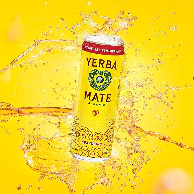Yerba MateOrganic Sparkling Yerba Mate, Cranberry Pomegranate, 80mg Natural Plant Based Caffeine, Smooth Energy & Focus, Carbonated, 12 Oz (Pack of 12) (Packaging May Vary)