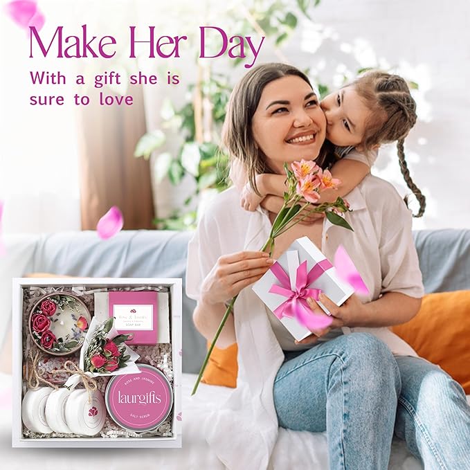 Rose & Jasmine Spa Gift Box for Women – Self Care Gift Basket with Candle, Soap, Bath Salts, Scrub & Shower Steamers – Birthday, Thank You & Relaxing Gifts for Mom, Wife, Sister, Friend