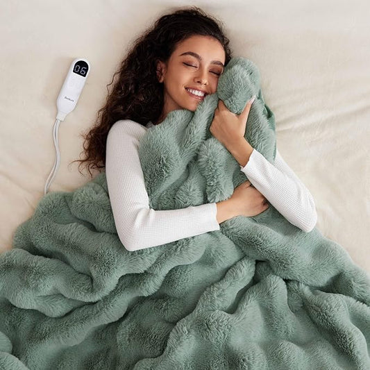 Bedsure Fluffy Bubble Faux Fur Heated Blanket Throw - Super Soft Electric Blanket, Heating with 6 Heating Levels, 4 Time Settings, 3-Hour Auto-Off, Decor Gifts for Home, Green, 50x60 inches