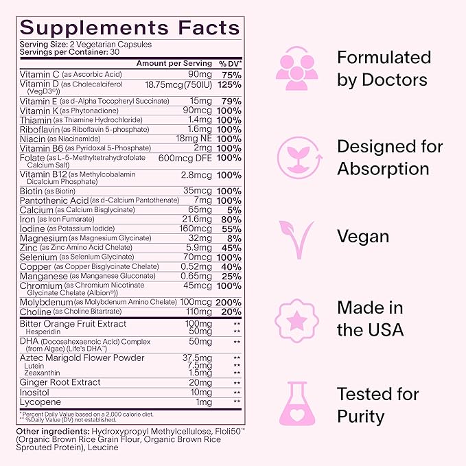 Ladywell Prenatal Multivitamin | Conception, Pregnancy & Postpartum | Key Ingredients Including DHA, Folate & Iron | Expertly-Formulated & Tested | Designed for Absorption with Nausea Support, 60 Ct