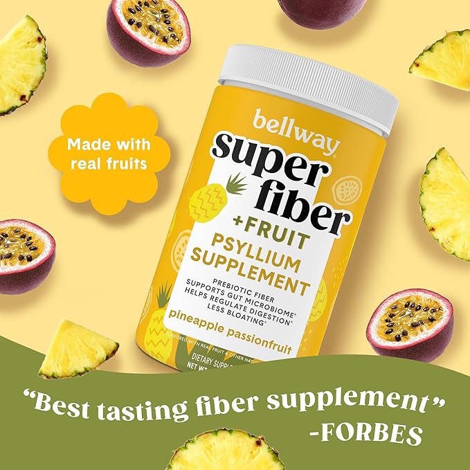 Bellway Super Fiber Powder + Fruit, Sugar Free Organic Psyllium Husk Powder Fiber Supplement for Regularity, Bloating Relief & Digestive Health, Plant-Based, Pineapple Passion Fruit (50 Servings)