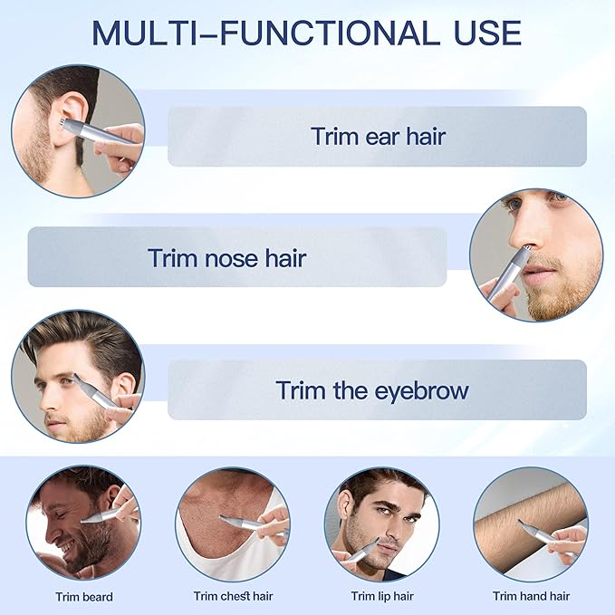 Nose Hair Trimmer for Men & Women, 2in1 Rechargeable Ear and Nose Hair Trimmer, Waterproof Electric Eyebrow Trimmer & Facial Hair Remover Grooming Kit Silver