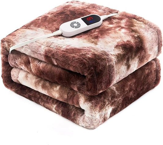 Electric Heated Blanket 50"x60",Luxury White Coffee Faux Fur Electric Throw Blanket,Fast Heating Soft Fluffy Thick Electric Blanket with 6 Heating Levels & 12H Auto Off
