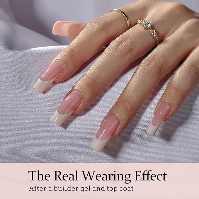 BTArtboxnails French Tip Press on Nails - XCOATTIPS White French Tip Nails, Pink Long Square Nail Tips, Soak Off Acrylic Fake Nails Extensions