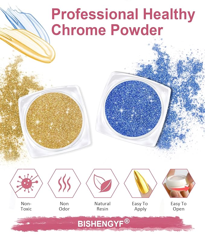 Gold Chrome Nail Powder - Sparkly Laser Holographic Nail Powder Metallic Mirror Effect Ice Blue Nail Chrome POwder, White Pearl Pigment Holo Iridescent Glitter Dust Kit, Nail Art Decoration
