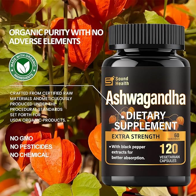 SoundHealth Organic Ashwagandha Capsules Supplement - 7000mg Herb Powder Equivalent per ，Immune Support, Hormone Balance - Enhanced Nutrient Absorption - 120 Capsules (60 Servings)