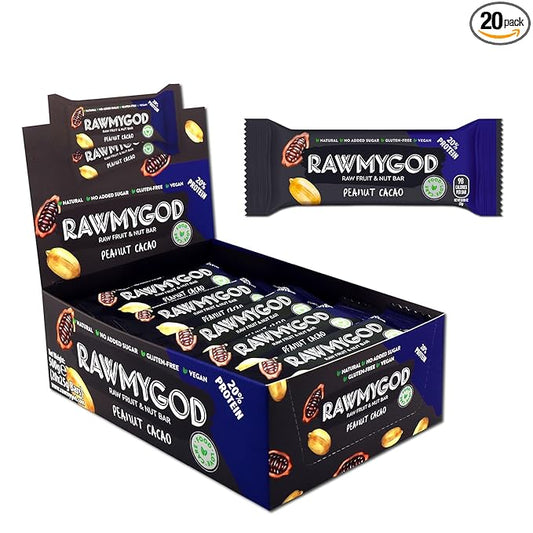 RAWMYGOD Fruit and Nut Bars, Good Source of Protein (5g, 20% protein content), Gluten Free, Vegan, No Added Sugar (20 bars, Peanut & Cacao)
