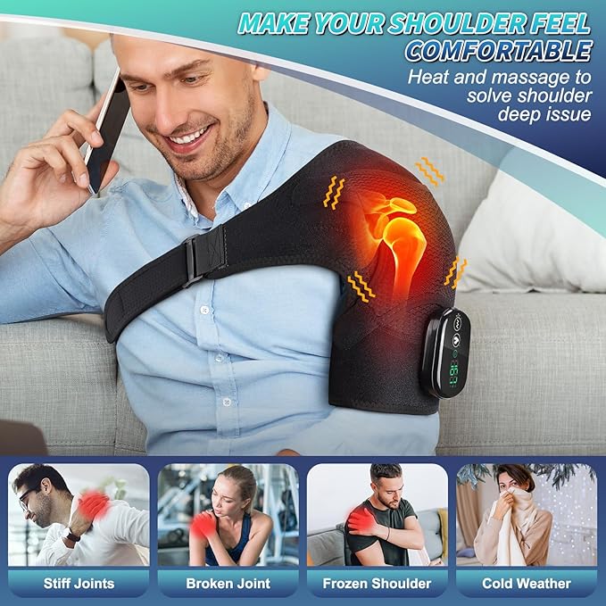 Cordless Shoulder Heating Pad, Heated Shoulder Wrap with Vibration, Shoulder Massager Heated Shoulder Brace for Pain Relief, for Women Men(Black)