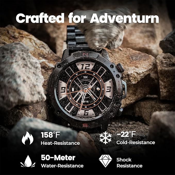 WalkerFit Smart Watch for Men, 1.43" Round AMOLED, 5ATM Waterproof for Swim,Heart Rate & Sleep Monitor,Long Battery,Outdoor Activity Tracker,Voice Control&Bluetooth Call,Android Compatible with iPhone