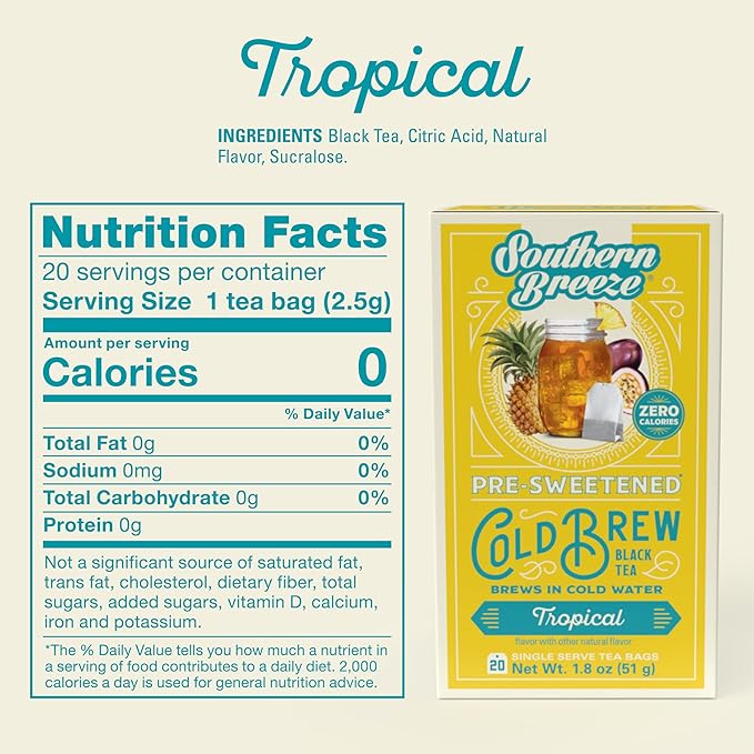 Southern Breeze Cold Brew Sweet Tea Tropical Iced Tea with Black Tea and Zero Carbs Zero Sugar, 20 Individually Wrapped Tea Bags, Pack of 4
