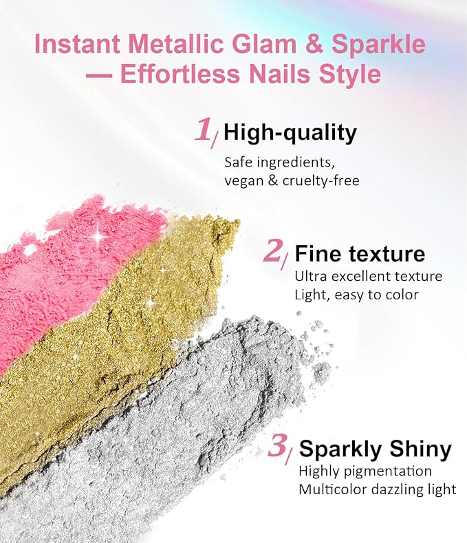 Gold Chrome Nail Powder 24K Mirror Effect BISHENGYF - Pink Gold Nail Chrome Powder Aurora Mermaid Mirror Effect POwder, White Pearl Iridescent Holographic Metallic Pigment Dust for NAil Art Decoration