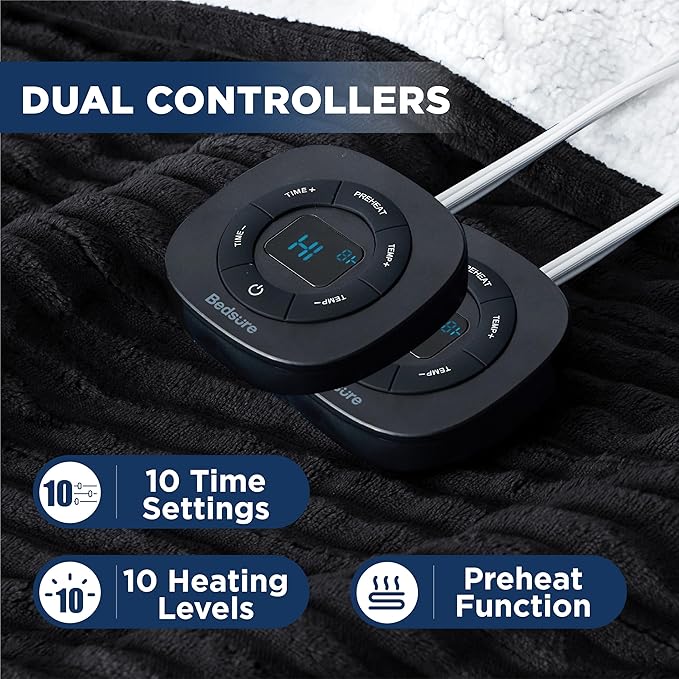 Bedsure GentleSoft Electric Blanket King Size - Soft Ribbed Flannel Heated Blanket with Dual Control, Heating with 10 Heat Settings & 10 Time Settings, 8 hrs Timer Auto Shut Off (90x100 inches, Black)