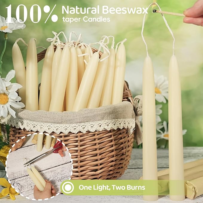30 Pack Beeswax Taper Candles in Bulk 8 inch Tall - All Natural White Beeswax Candle Sticks,100% Pure Unscented Bee Wax Candle for Home, Dripless, 8 Hours Long Burning Time