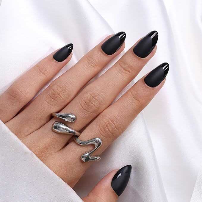 Soft Gel Black Press on Nails Almond - Short Nails with Glossy French Tips in a Matte Finish, Stick on Nails with Glue in 16 Sizes - 32 Reusable Fake Nails for Women, Matte Black