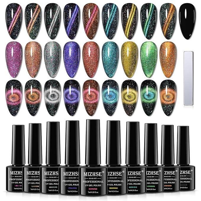 MIZHSE Cat Eye Gel Nail Polish 10 Colors, Glitter Magnetic Gel Polish Set with Magnet Stick, Holographic Galaxy Effect Cat Eye Nail Polish Soak Off Nail Art Manicure Kit Gift for Women