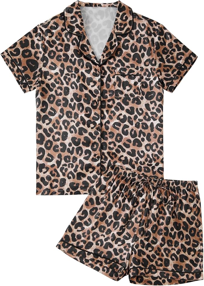 LYANER Women's Satin Silky Short Sleeve Button Shirt Sleepwear 2Piece Pajama Set