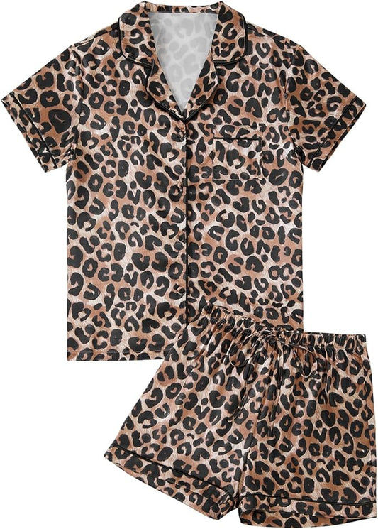 LYANER Women's Satin Silky Short Sleeve Button Shirt Sleepwear 2Piece Pajama Set